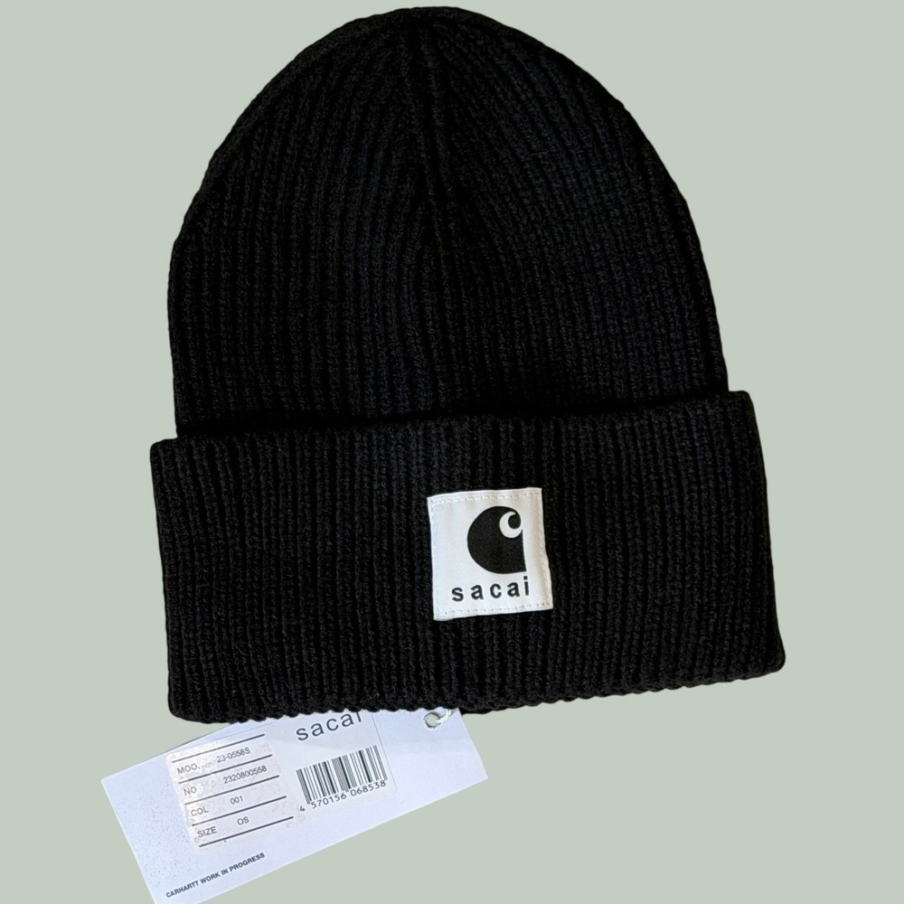 Sacai x Carhartt WIP Beanie Black Wool Blend Knit Hat 23-0558S NWT